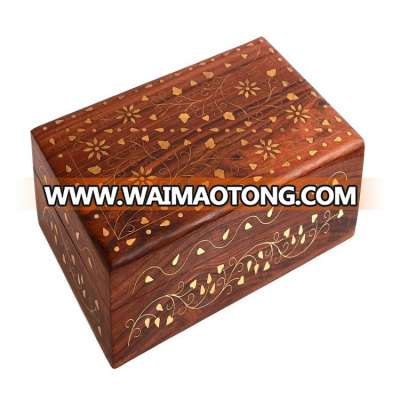 Gorgeous Hand Carved Rosewood Trinket Jewelry Box with Mughal Inspired Brass Inlay